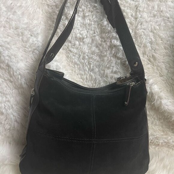 Tignanello leather suede black shoulder bag extended brown suede side zipper. - Picture 3 of 14